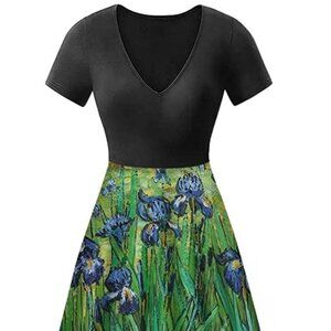 Van Gogh Irises Picture Print Dress Short Sleeve A Line Twirl Size Womens Small
